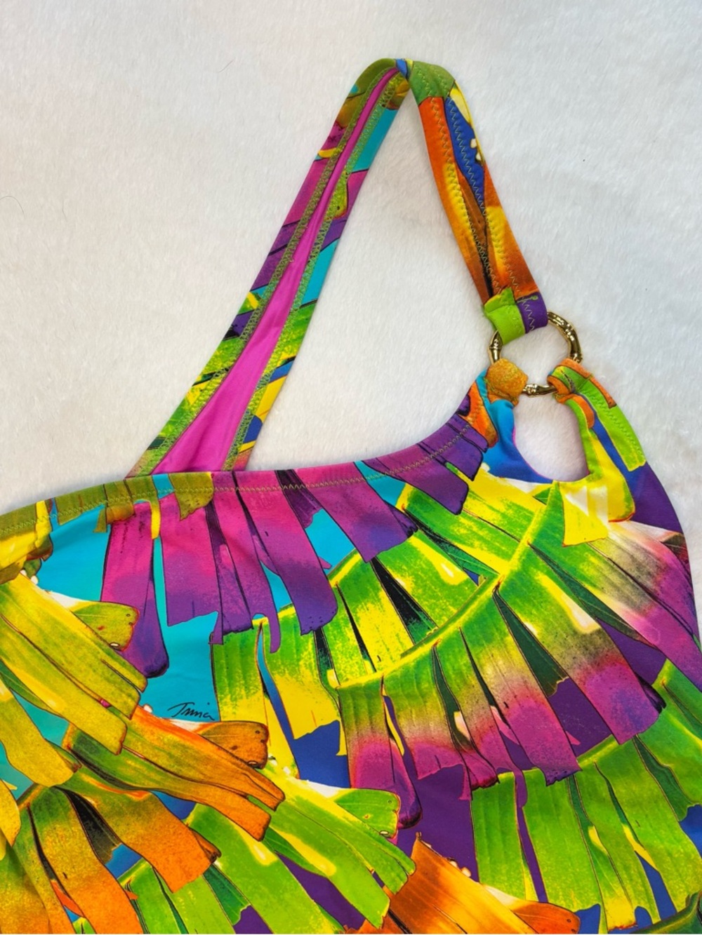 Trina Turk sz 12 Polynesian Palms One Shoulder High Cut One Piece Swimsuit - Picture 3 of 8